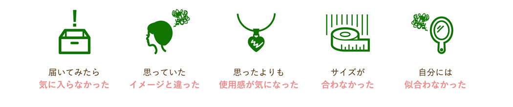 届いてみたら気に入らなかった、思っていたイメージと違った、思ったよりも使用感が気になった、サイズが合わなかった、自分には似合わなかった