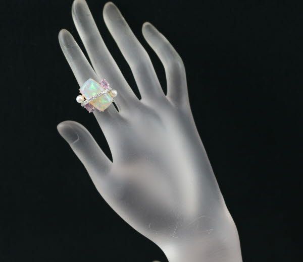 オパール ピンクサファイア 真珠 パール ダイヤ ダイヤモンド リング K18WG ソーティング