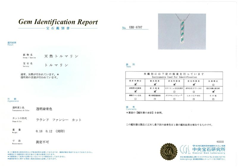 パライバトルマリン 0.18ct ダイヤ 0.12ct ネックレス K18WG 鑑別書