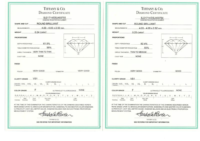 ティファニー ピアス ダイヤ 0.25ct/0.24ct F VS1 ソリティア Pt950 鑑定書