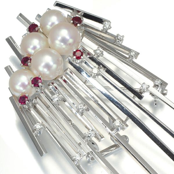 ミキモト ブローチ兼帯留め パール アコヤ真珠 7.0-8.0mm ルビー ダイヤ   K14WG 