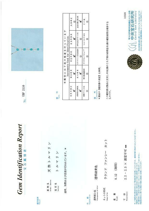 タサキ ネックレス パライバトルマリン ダイヤ 0.12ct Pt900/Pt850 鑑別書/分析報告書