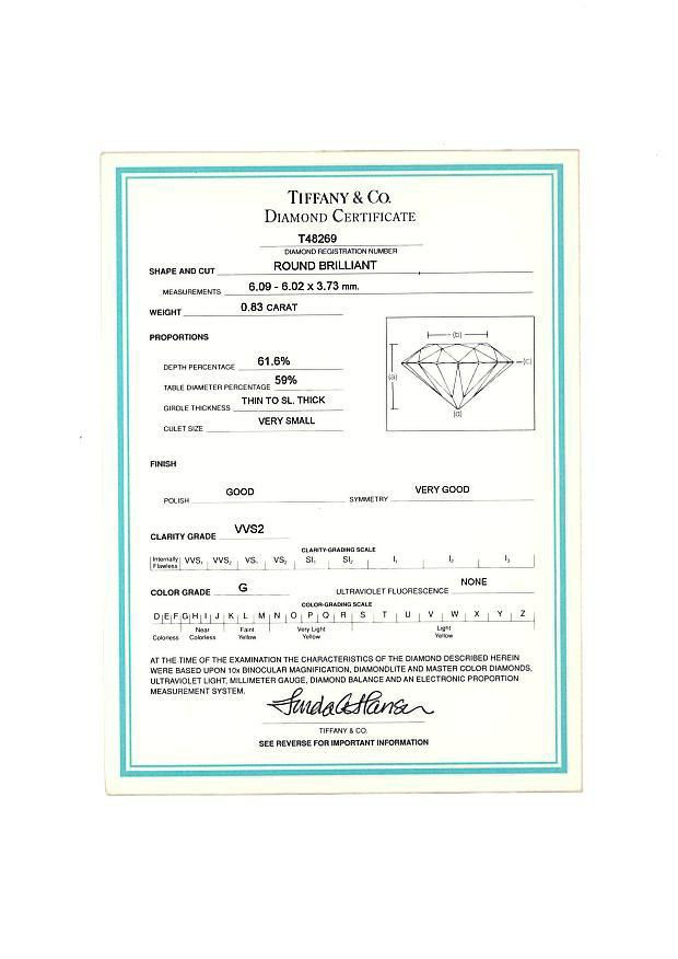 ティファニー リング ダイヤ 0.83ct G VVS2 ソリティア 10号 Pt950 鑑定書 Diamond Ring