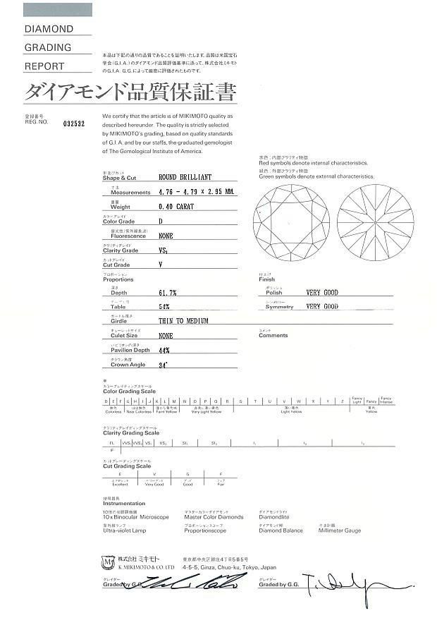 ミキモト リング ダイヤ 0.40ct D VS1 VG  ソリティア 10.5号 Pt950 鑑定書