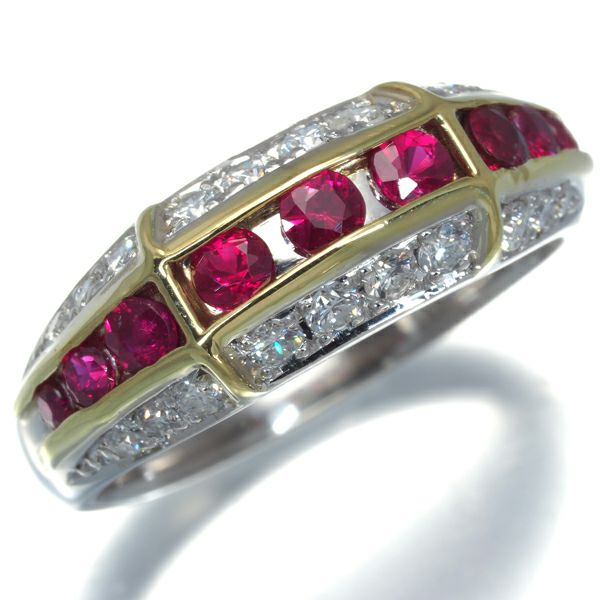 ルビー 0.64ct ダイヤ 0.38ct レールセッティング  リング Pt900/K18YG 