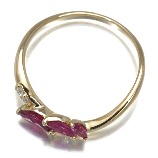 ルビー ダイヤ 0.05ct リーフ ウェーブ リング K18YG 