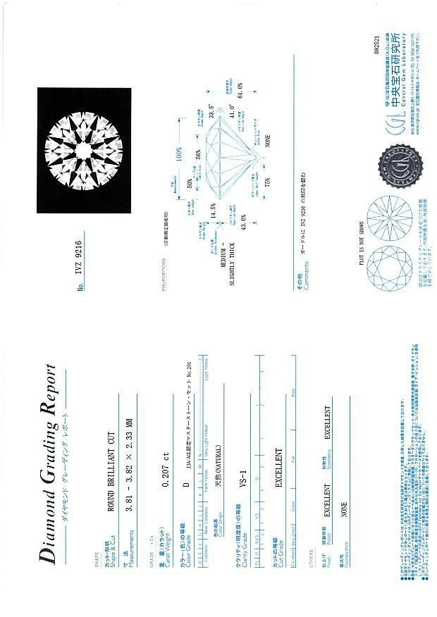俄 リング ダイヤ 0.207ct D VS1 3EX H&C 露華 ROKA 8.5号 Pt950 鑑定書
