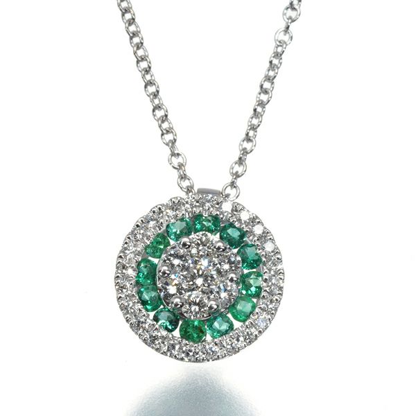 ダイヤ 0.23ct エメラルド 0.14ct サークル パヴェ  ネックレス K18WG 
