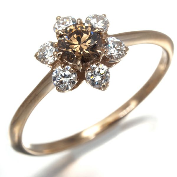 FANCY LIGNT BROWN ダイヤ 0.285ct VS1 フラワー  リング K18PG 鑑定書
