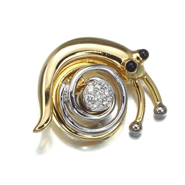 ウォルサム ブローチ ダイヤ 0.05ct オニキス  ピン カタツムリ アニマル K18YG/WG/合金 