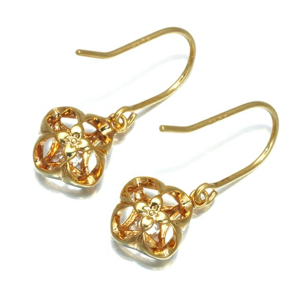 4℃ ピアス ダイヤ 一粒 フック フラワー K18YG 