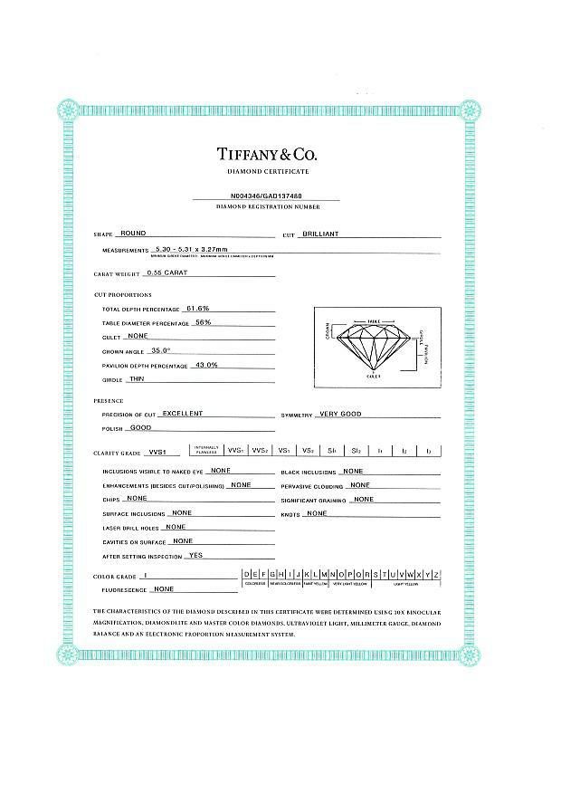 ティファニー リング ダイヤ 0.55ct I VVS1  ドッツ ソリティア パヴェ 10号 Pt950 鑑定書