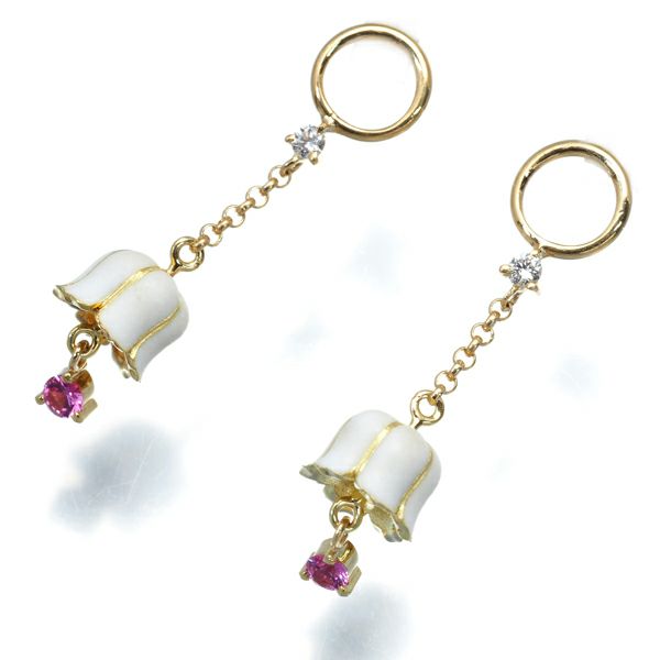 ピンクサファイア ダイヤ ピアス スズラン フラワー チャーム K18YG/エナメル 