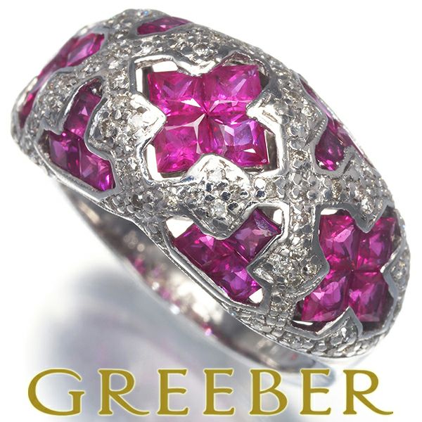 ルビー 2.80ct ダイヤ 0.40ct プリンセスカット クロス  リング K18WG 