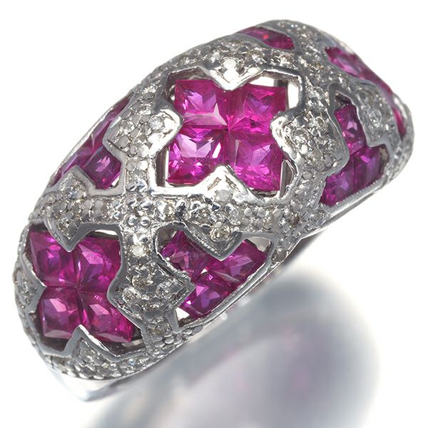ルビー 2.80ct ダイヤ 0.40ct プリンセスカット クロス  リング K18WG 