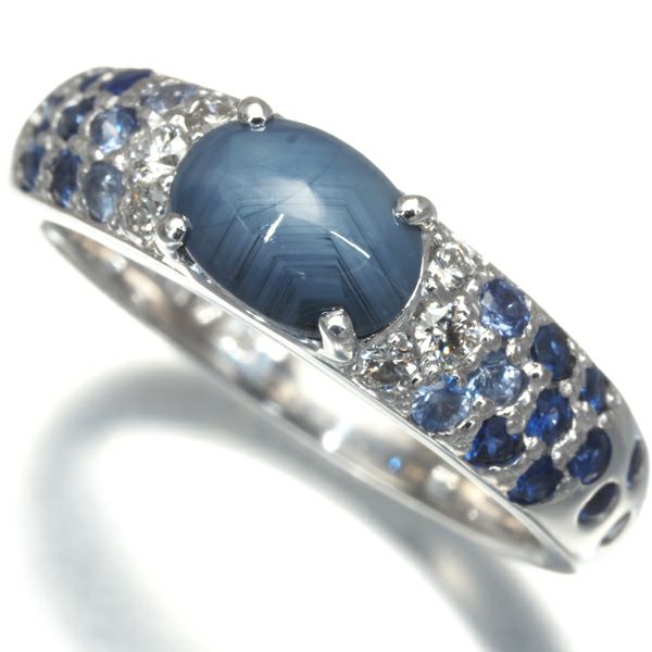スタージュエリー リング スターサファイア 1.40ct ダイヤ 0.12ct 9号 K18WG 