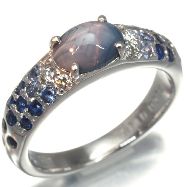 スタージュエリー リング スターサファイア 1.40ct ダイヤ 0.12ct 9号 K18WG 
