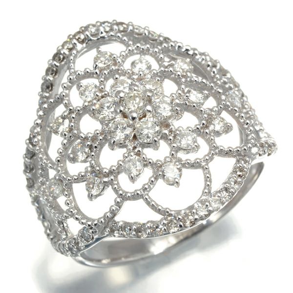 ダイヤ 1.00ct フラワー 透かし ミルグレイン  リング K18WG 