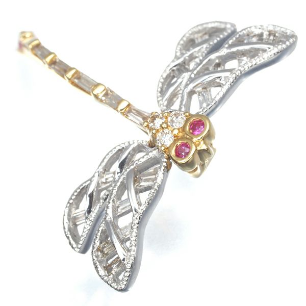 ルビー 0.03ct ダイヤ 0.19ct トンボ アニマル ペンダントトップ K18YG/WG 