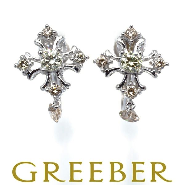 イエロー&ブラウンダイヤ 0.07ct/0.07ct クロス 揺れる イヤリング K18WG 