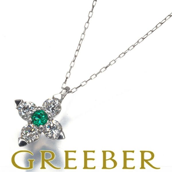 エメラルド 0.04ct ダイヤ 0.30ct フラワー  ネックレス K18WG 