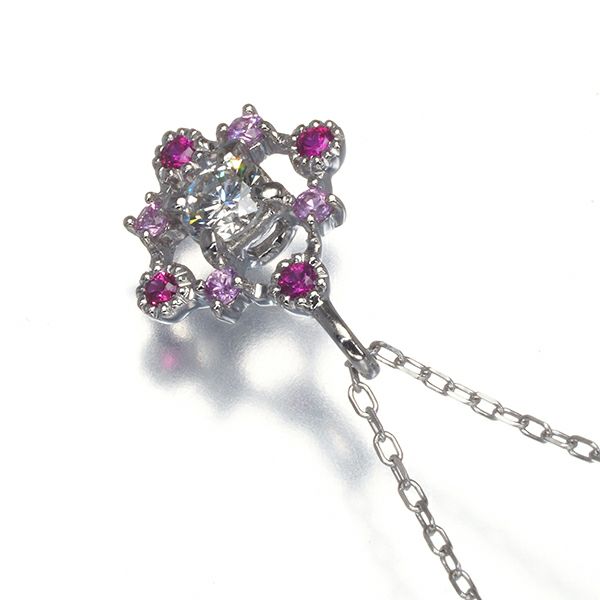 ダイヤ 0.205ct ピンクサファイア 0.16ct ミルグレイン  ネックレス Pt900/Pt850 