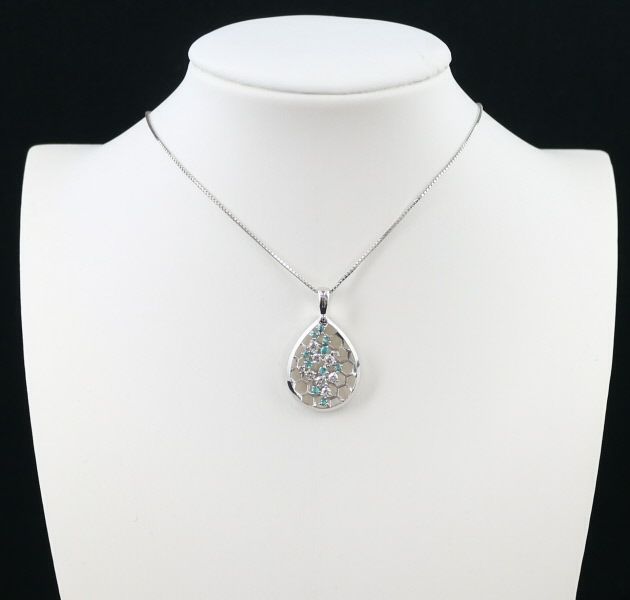 パライバトルマリン 0.21ct ダイヤ 0.30ct 透かし ドロップ ネックレス K18WG 