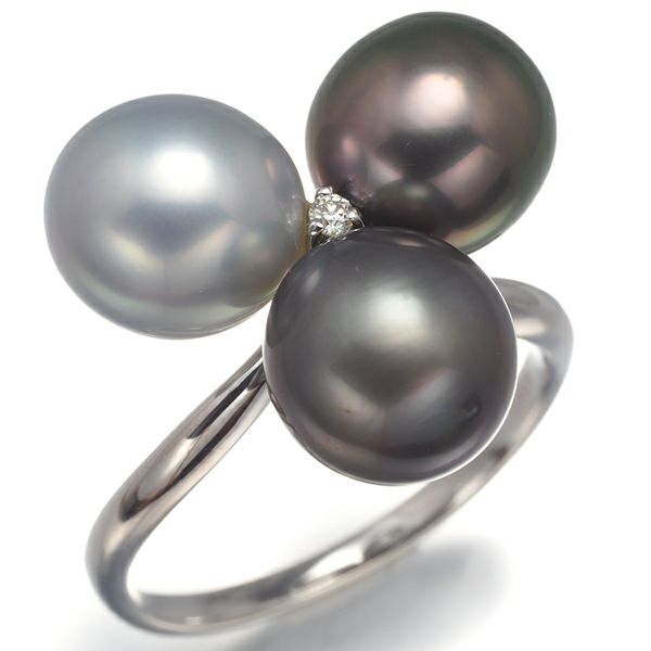 グレー＆ブラックパール 黒蝶真珠 8.8mm ダイヤ 0.01ct   リング K18WG 