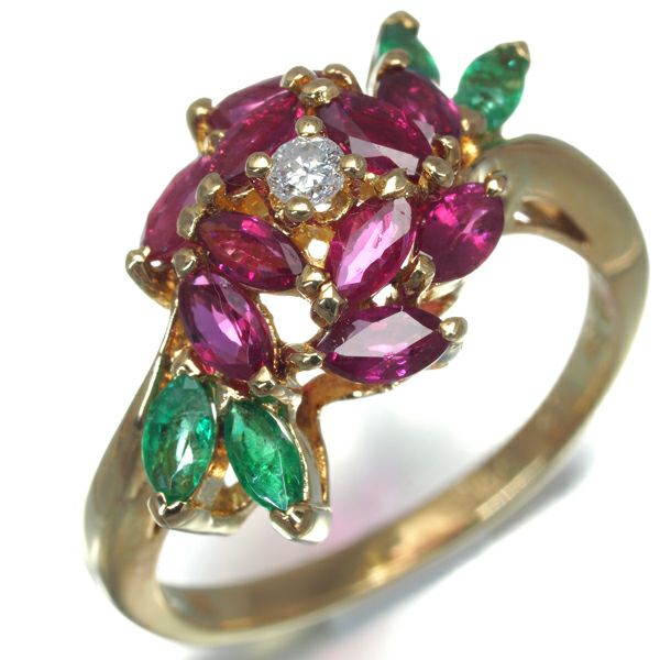 ルビー 1.52ct ダイヤ 0.05ct エメラルド マーキス フラワー リーフ  リング K18YG 