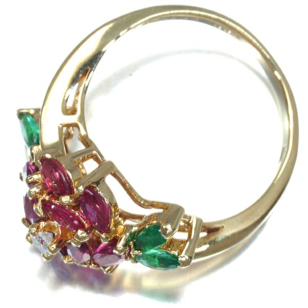 ルビー 1.52ct ダイヤ 0.05ct エメラルド マーキス フラワー リーフ  リング K18YG 