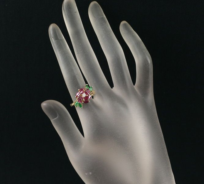ルビー 1.52ct ダイヤ 0.05ct エメラルド マーキス フラワー リーフ  リング K18YG 
