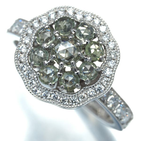 グリーンサファイア 0.78ct ダイヤ 0.44ct ローズカット ミルグレイン  リング Pt950 鑑別書