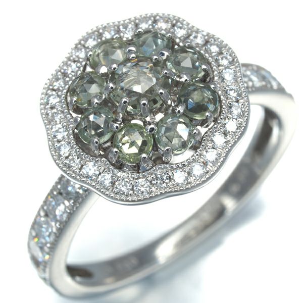 グリーンサファイア 0.78ct ダイヤ 0.44ct ローズカット ミルグレイン  リング Pt950 鑑別書