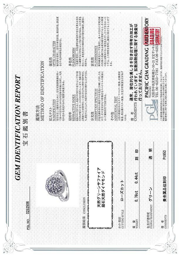 グリーンサファイア 0.78ct ダイヤ 0.44ct ローズカット ミルグレイン  リング Pt950 鑑別書