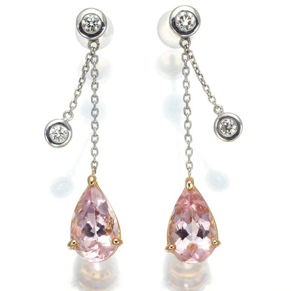 モルガナイト 1.30ct/1.49ct ダイヤ 0.22ct ペアシェイプ 揺れる ピアス K18YG/WG 