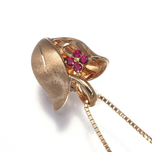 ルビー 0.07ct ダイヤ 0.10ct リバーシブル フラワー ネックレス K18PG 