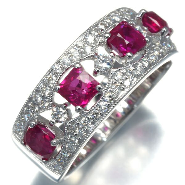 ルビー 1.58ct ダイヤ 0.52ct ミルグレイン リング K18WG 