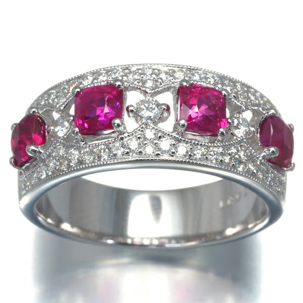 ルビー 1.58ct ダイヤ 0.52ct ミルグレイン リング K18WG 