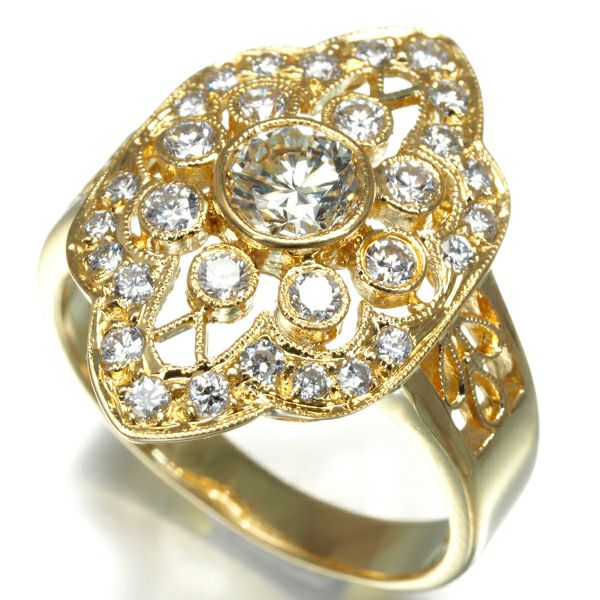 ダイヤ 0.52ct/0.58ct 透かし ミルグレイン   リング K18YG 