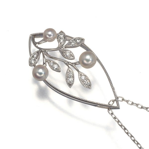 ミキモト ネックレス ベビーパール アコヤ真珠 3.8-4.7mm ダイヤ  リーフ ミルグレイン K18WG 