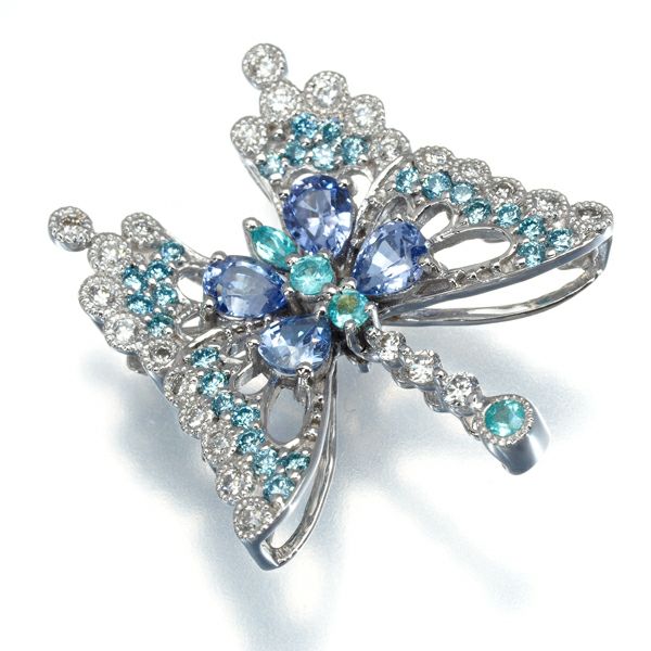 サファイア 0.64ct ダイヤ 0.42ct パライバトルマリン 0.08ct 蝶 ペンダントトップ K18WG