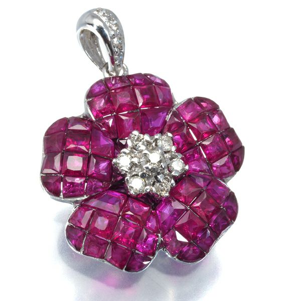 ルビー 3.30ct ダイヤ 0.12ct ミステリーセッティング ペンダントトップ K18WG 
