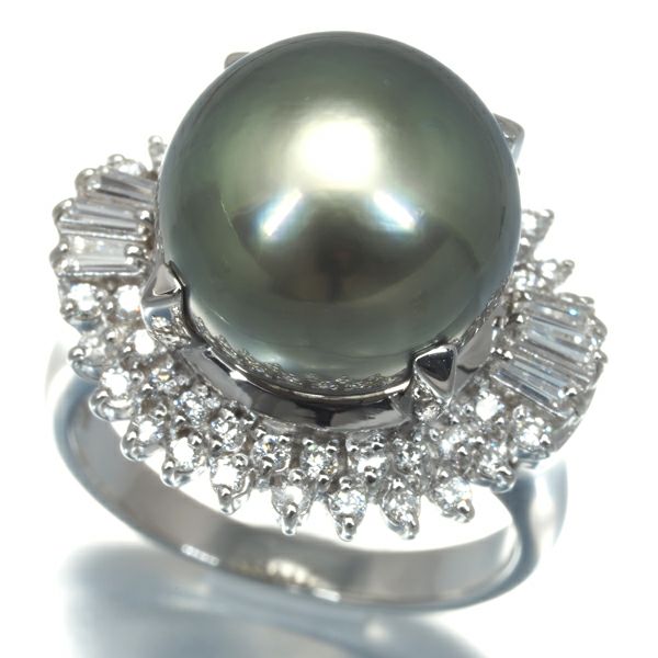 タサキ リング ブラックパール 黒蝶真珠 12.1mm ダイヤ 0.48ct  10号 Pt900