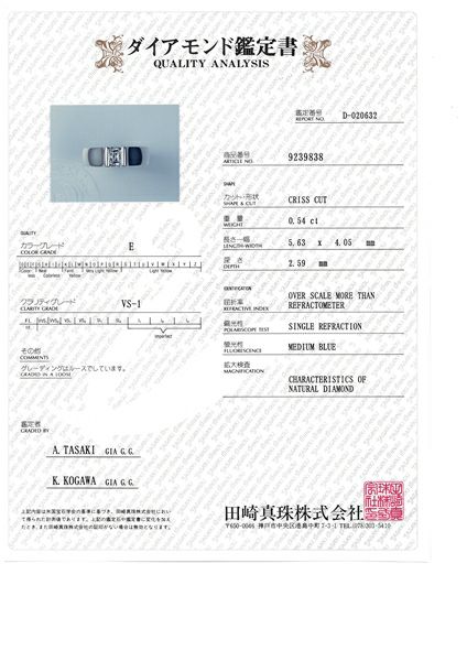 タサキ リング ダイヤ 0.54ct E VS1  クリスカット 一粒 14号 Pt900 鑑定書