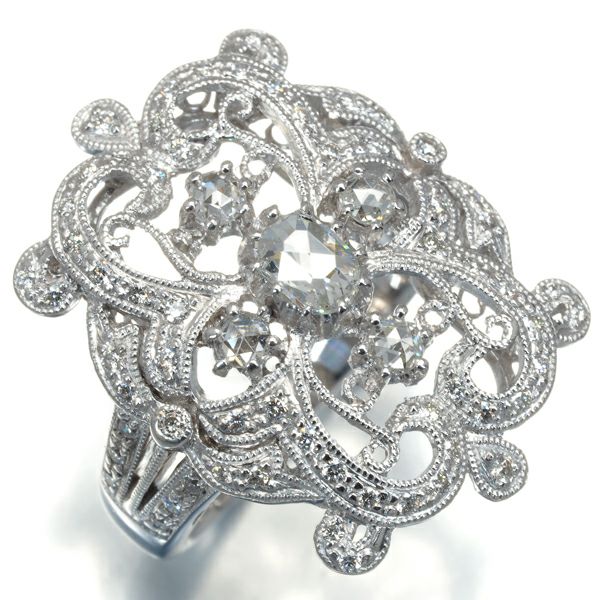ダイヤ 0.48ct/0.33ct ローズカット ミルグレイン  リング K18WG 