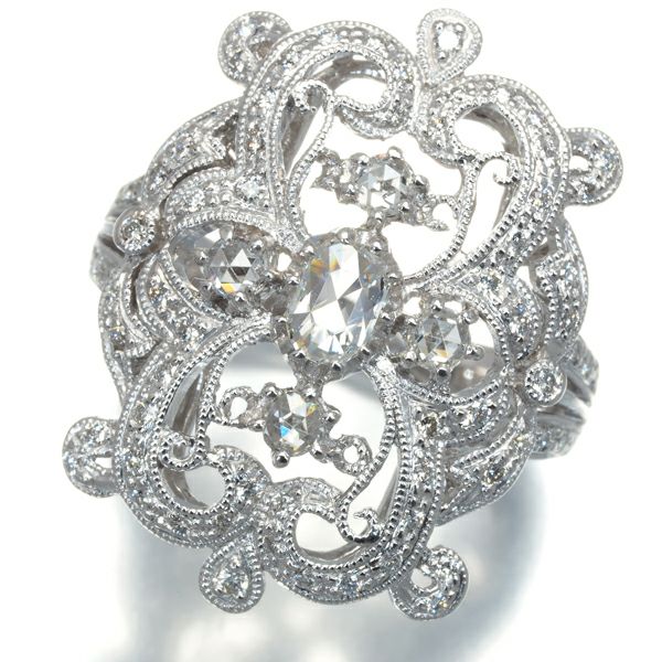 ダイヤ 0.48ct/0.33ct ローズカット ミルグレイン  リング K18WG 