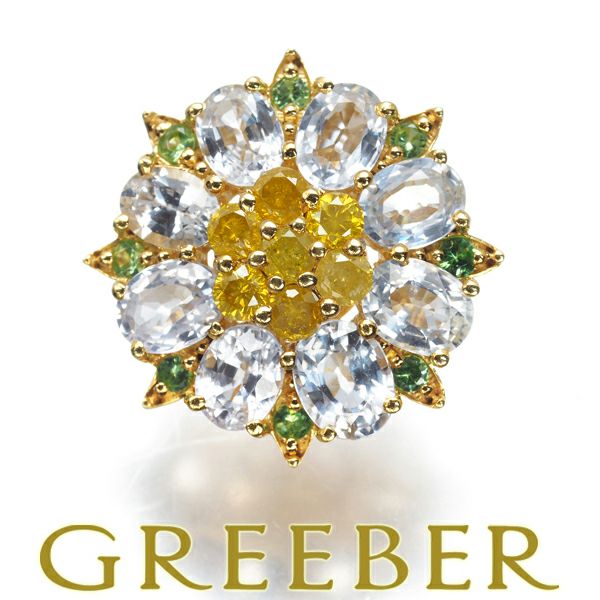 イエローダイヤ 0.23ct トパーズ 1.28ct ガーネット フラワー ペンダントトップ K18YG 