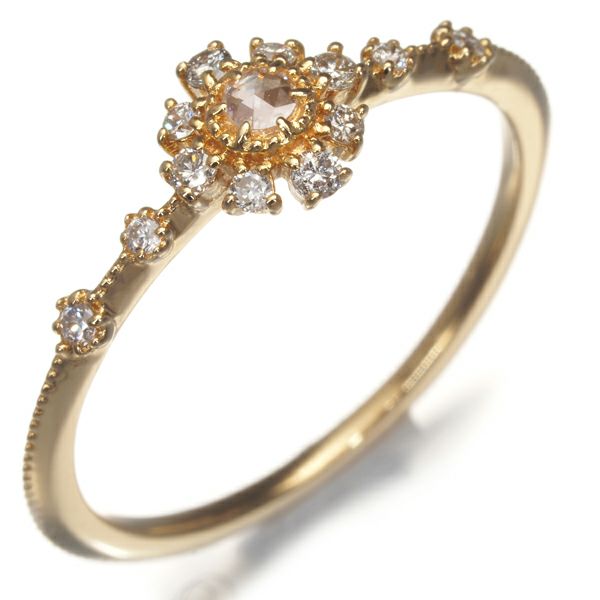 アガット リング ローズカットダイヤ 0.10ct 雪割草 フラワー 9号 K18YG 