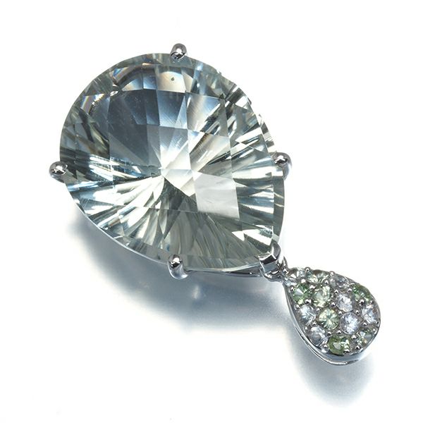QVC グリーンクォーツ 9.00ct サファイア ガーネット ティアドロップ  ペンダントトップ K18WG 保