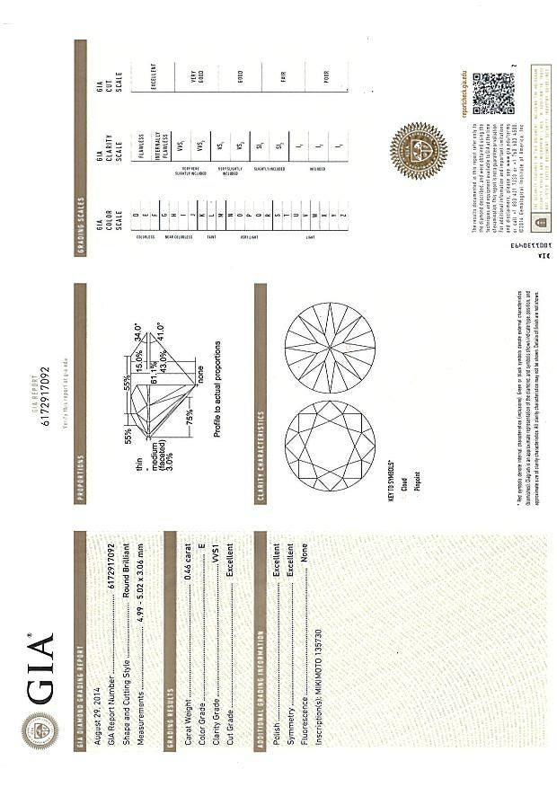 ミキモト リング ダイヤ 0.46ct E VVS1 3EX  ソリティア 一粒 9号 Pt950 保証書/鑑定書